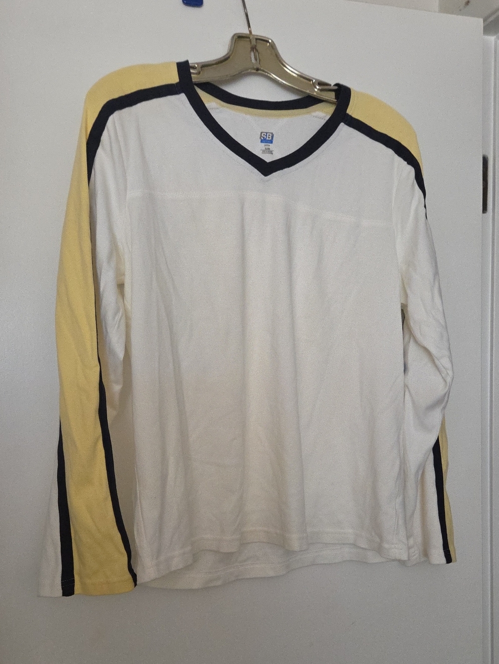 Women's Long Sleeve V-Neck Tee - White with Yellow & Black Trim